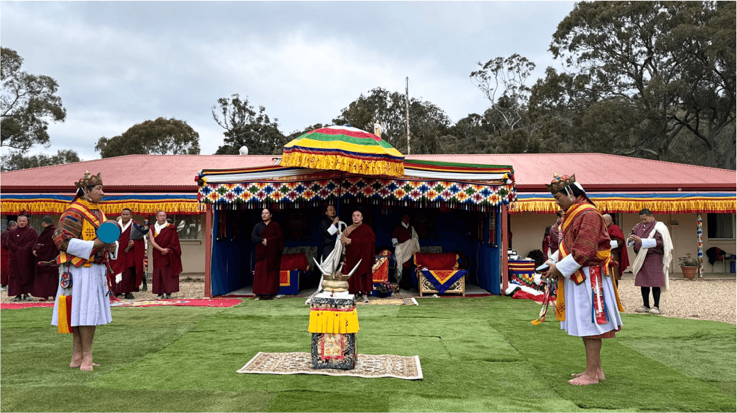 Community members welcome Kyabje Namkhai Nyingpo Rinpoche during the arrival reception