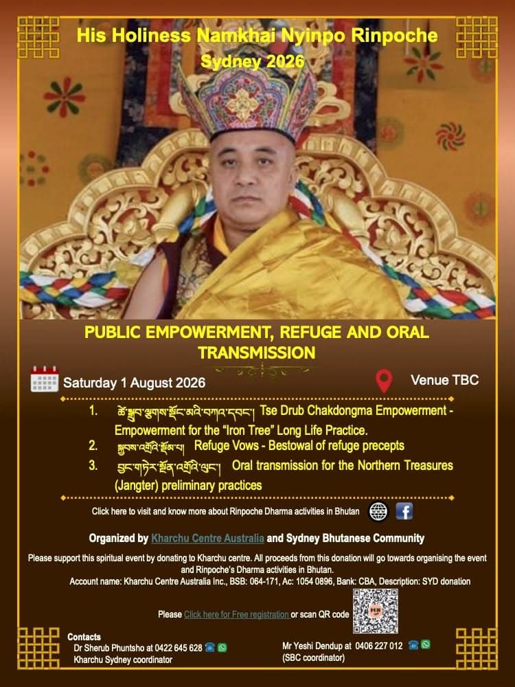 Programme flyer announcing H.E. Kyabje Namkhai Nyingpo Rinpoche's Sydney visit in 2026